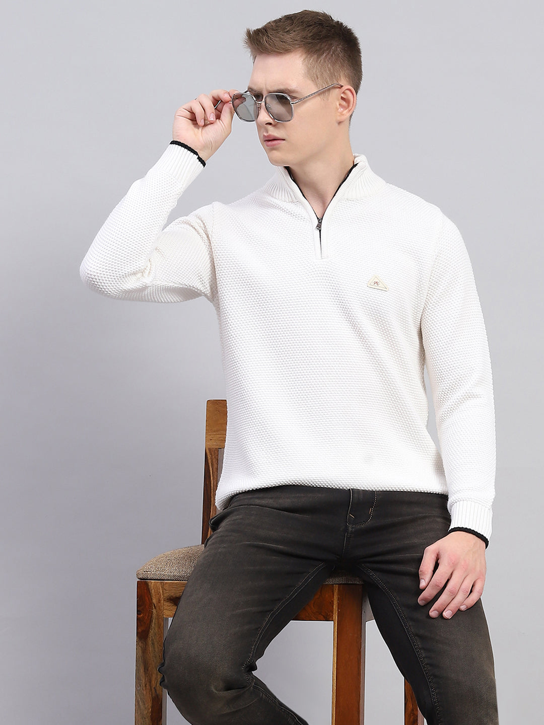 Men White Self Design High Neck Full Sleeve Pullover