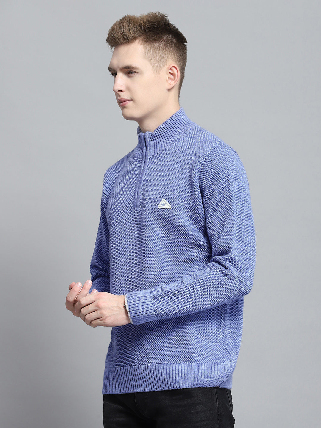 Men Blue Self Design Mock Neck Full Sleeve Pullover