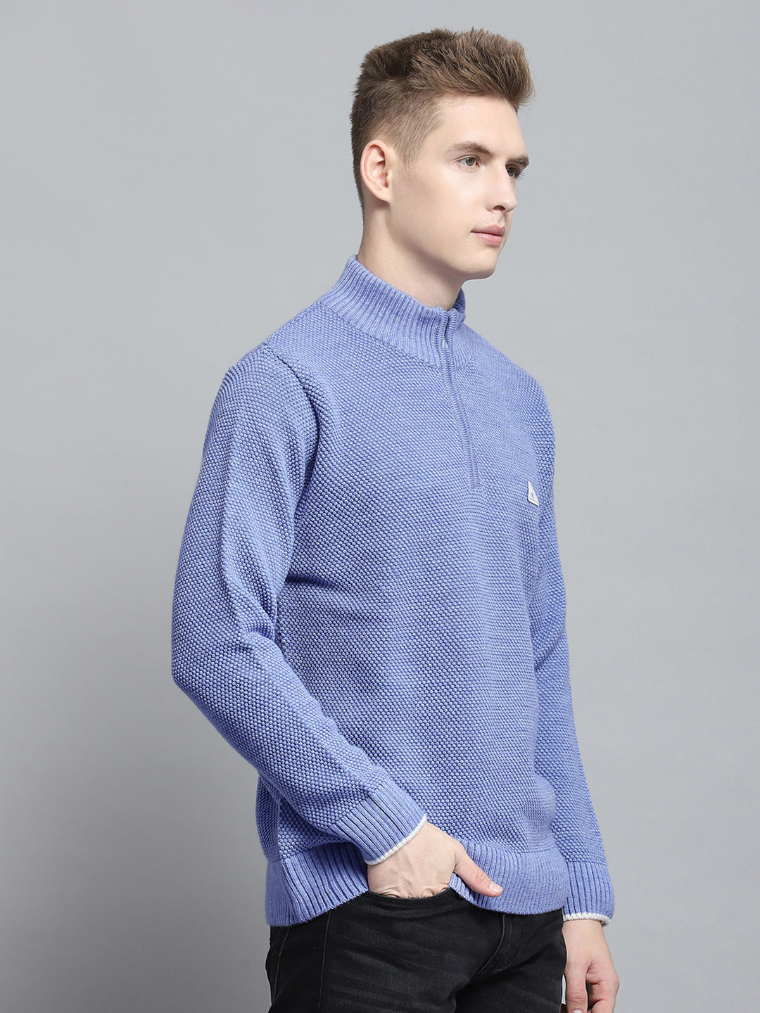 Men Blue Self Design Mock Neck Full Sleeve Pullover
