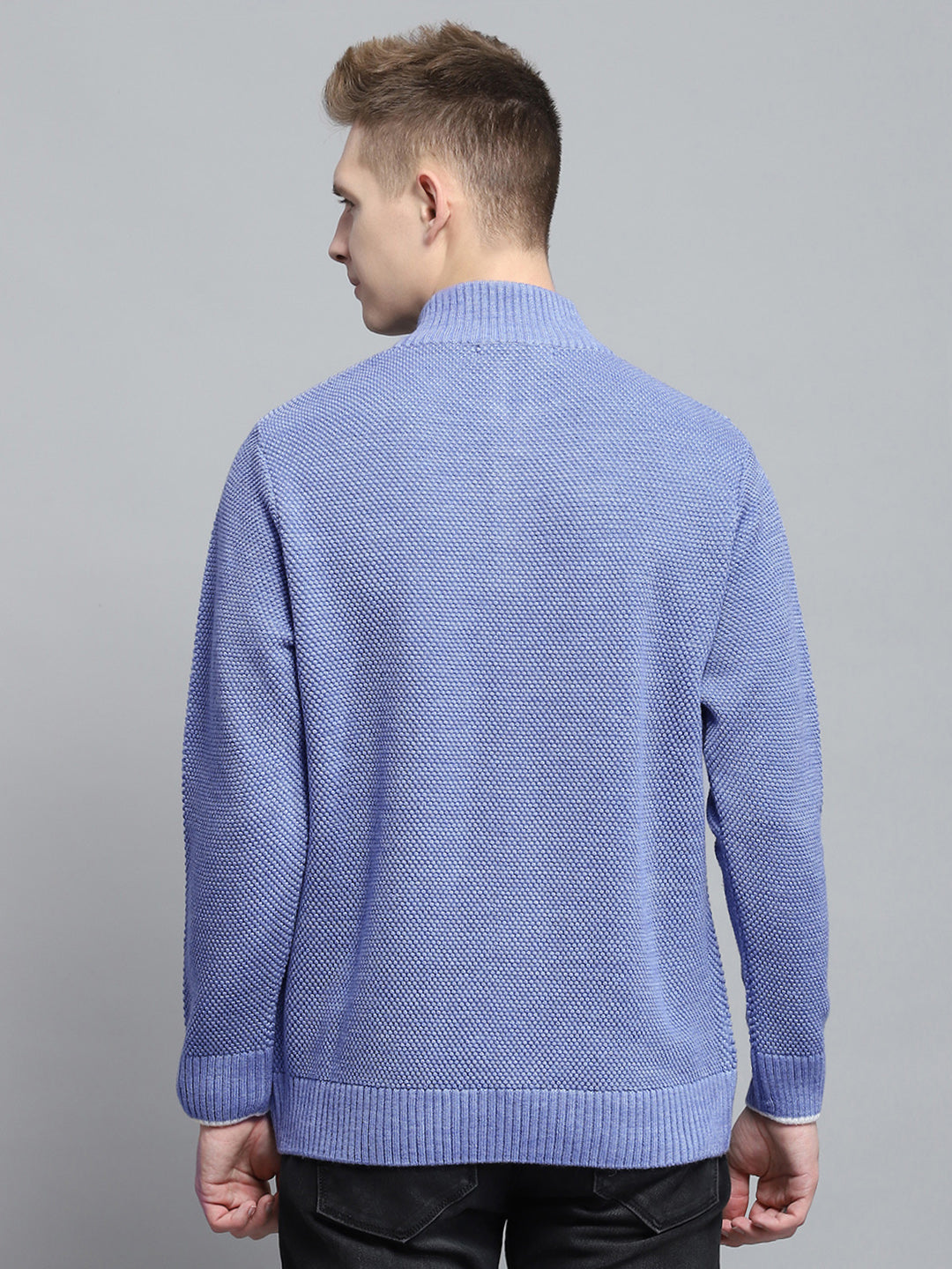 Men Blue Self Design Mock Neck Full Sleeve Pullover