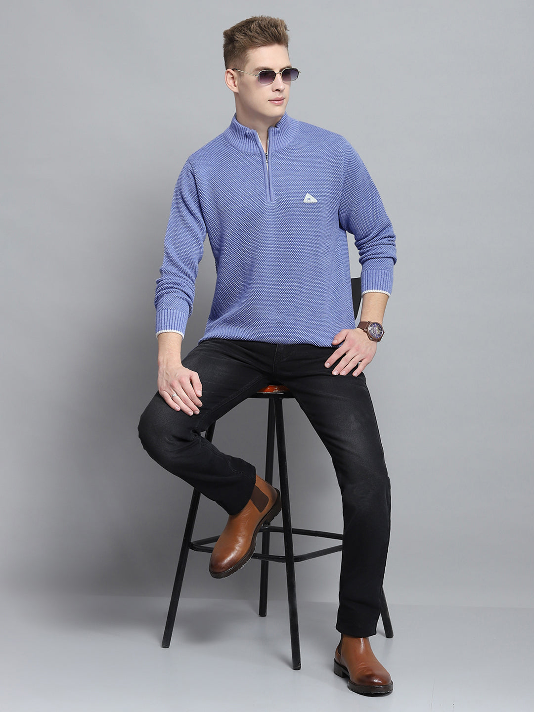 Men Blue Self Design Mock Neck Full Sleeve Pullover