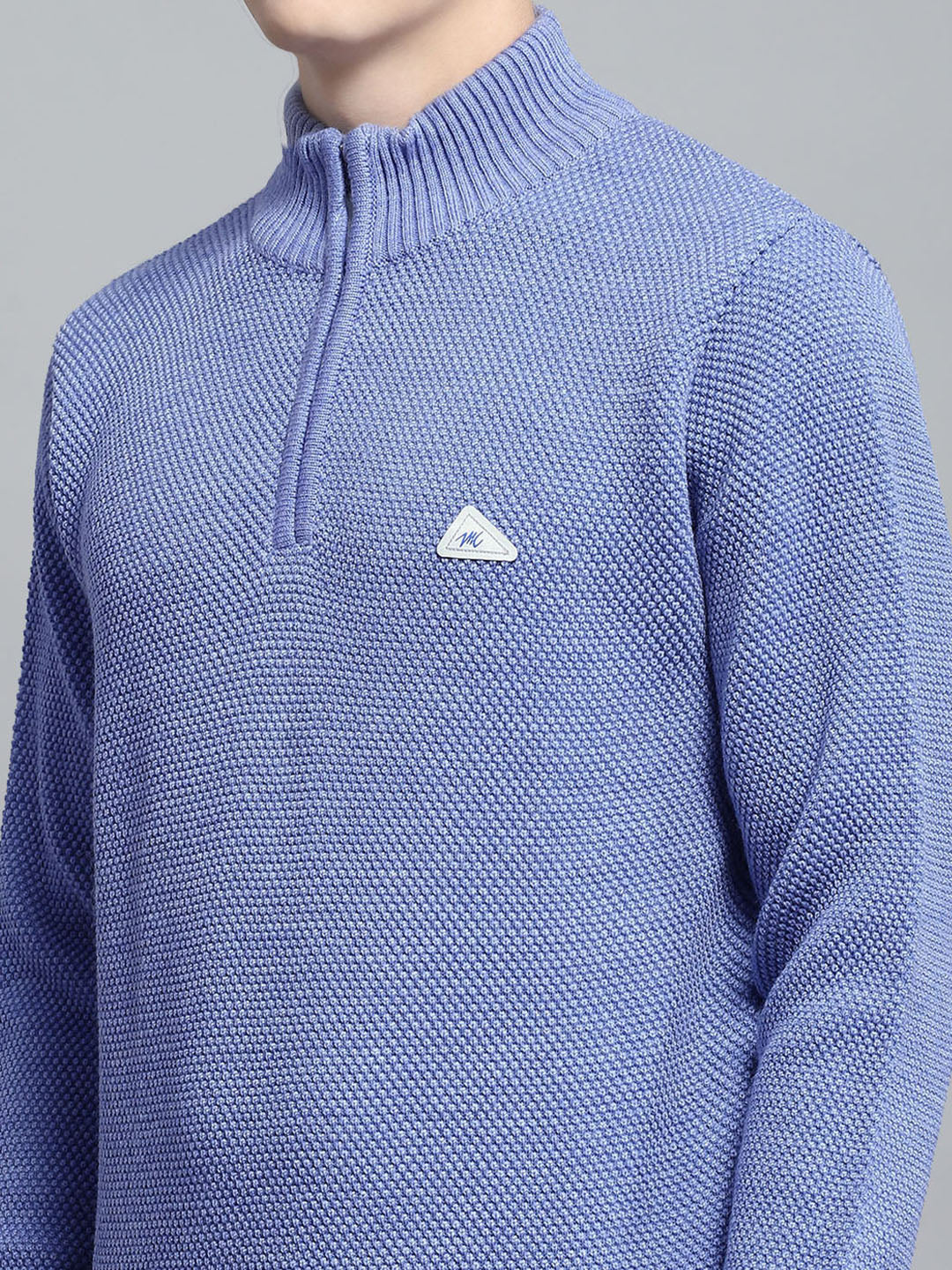 Men Blue Self Design Mock Neck Full Sleeve Pullover