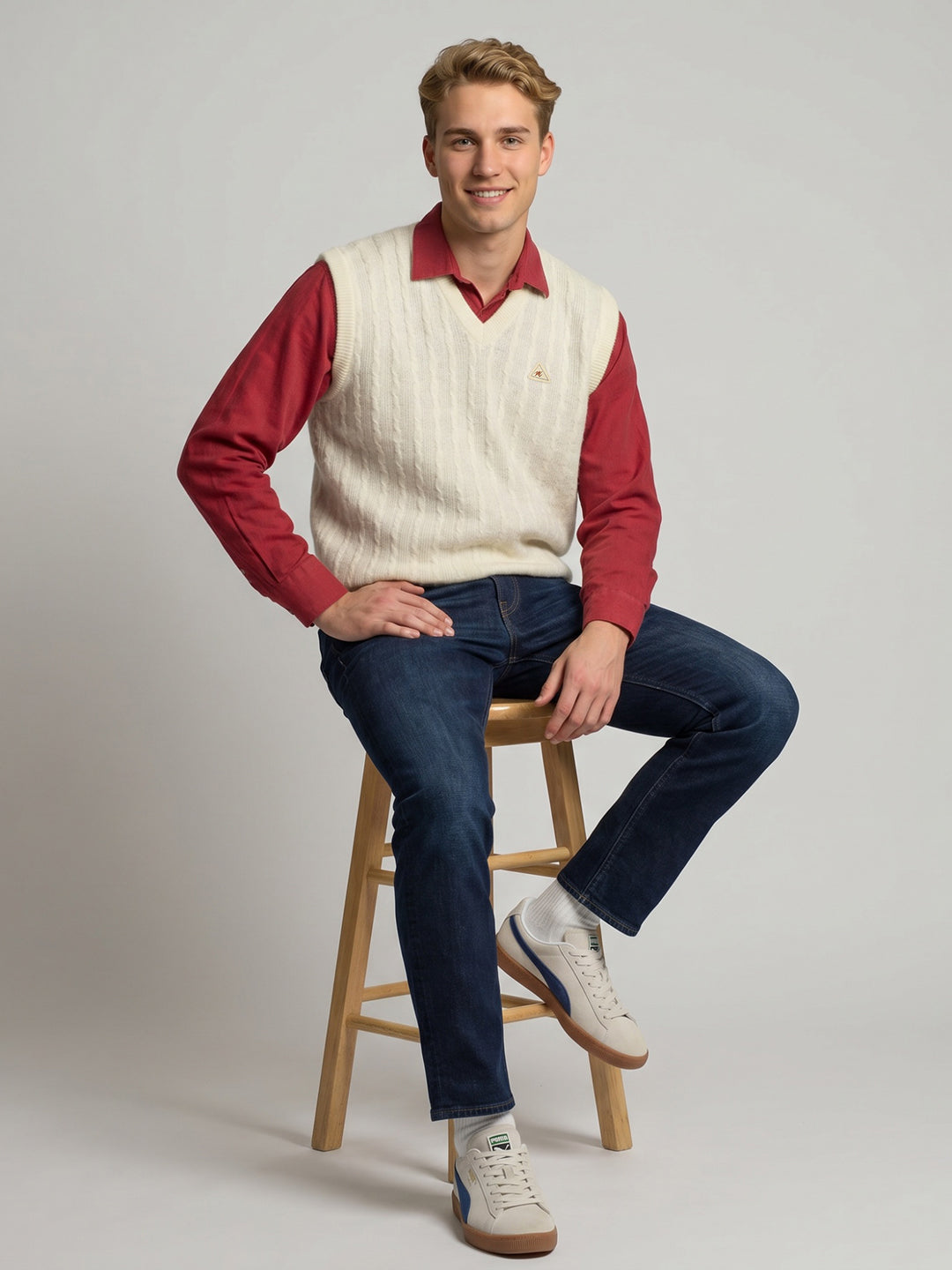 Men White Self Design V Neck Sleeveless Sweater
