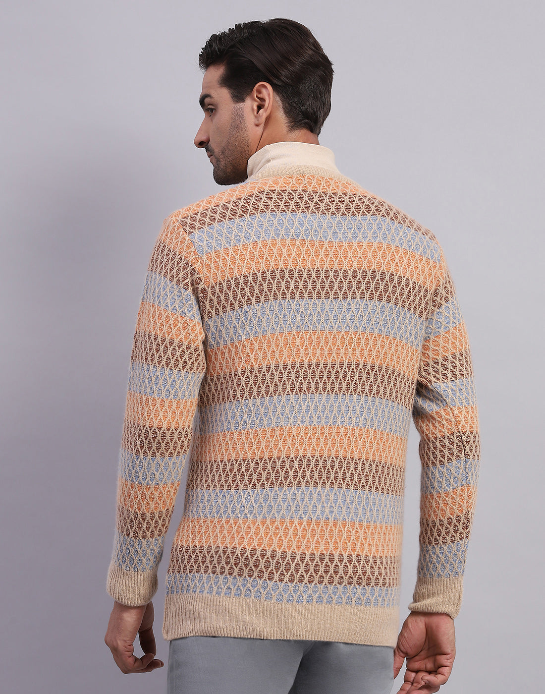 Men Camel Brown Self Design V Neck Full Sleeve Pullover