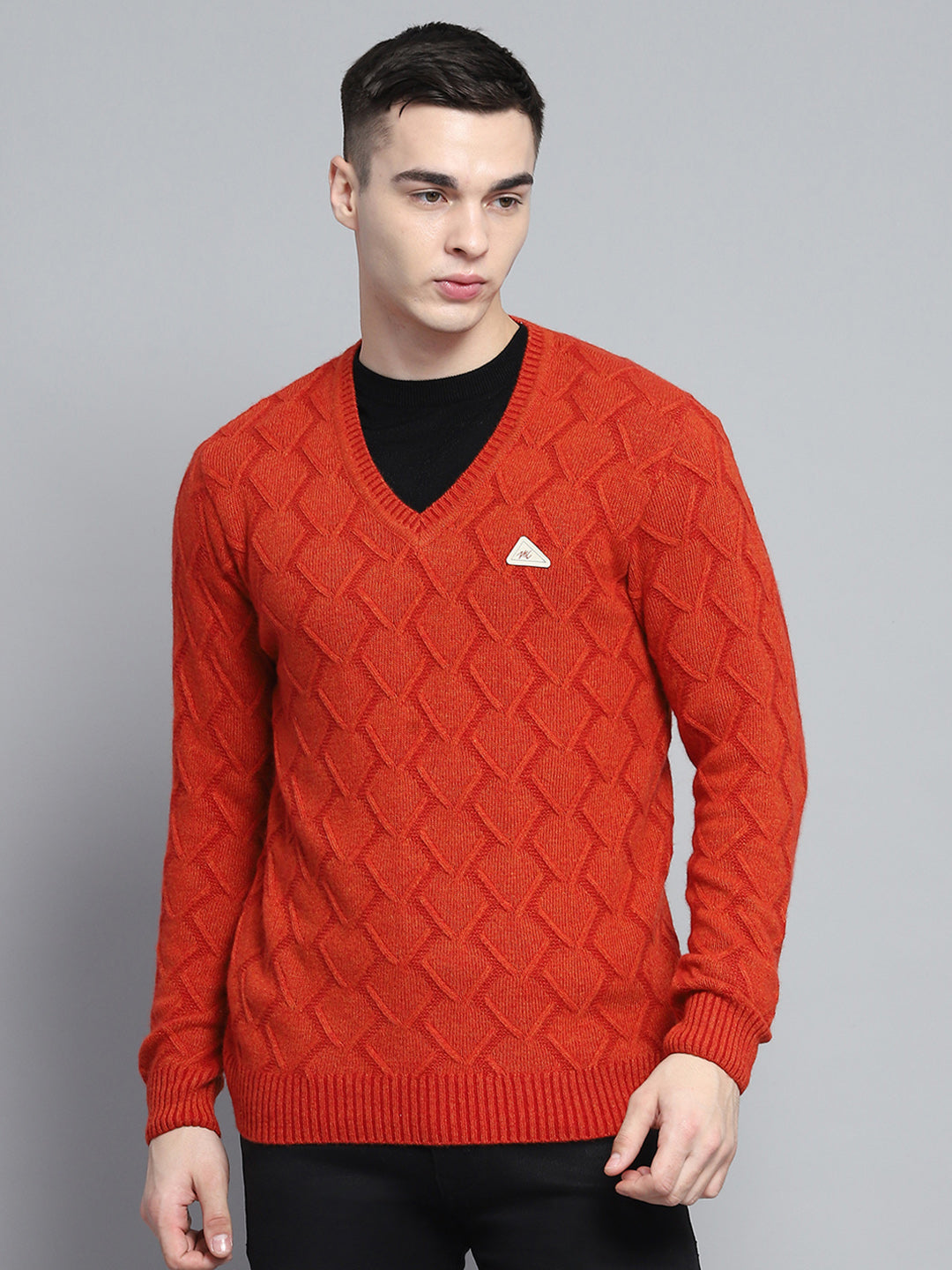 Men Rust Self Design V Neck Full Sleeve Pullover