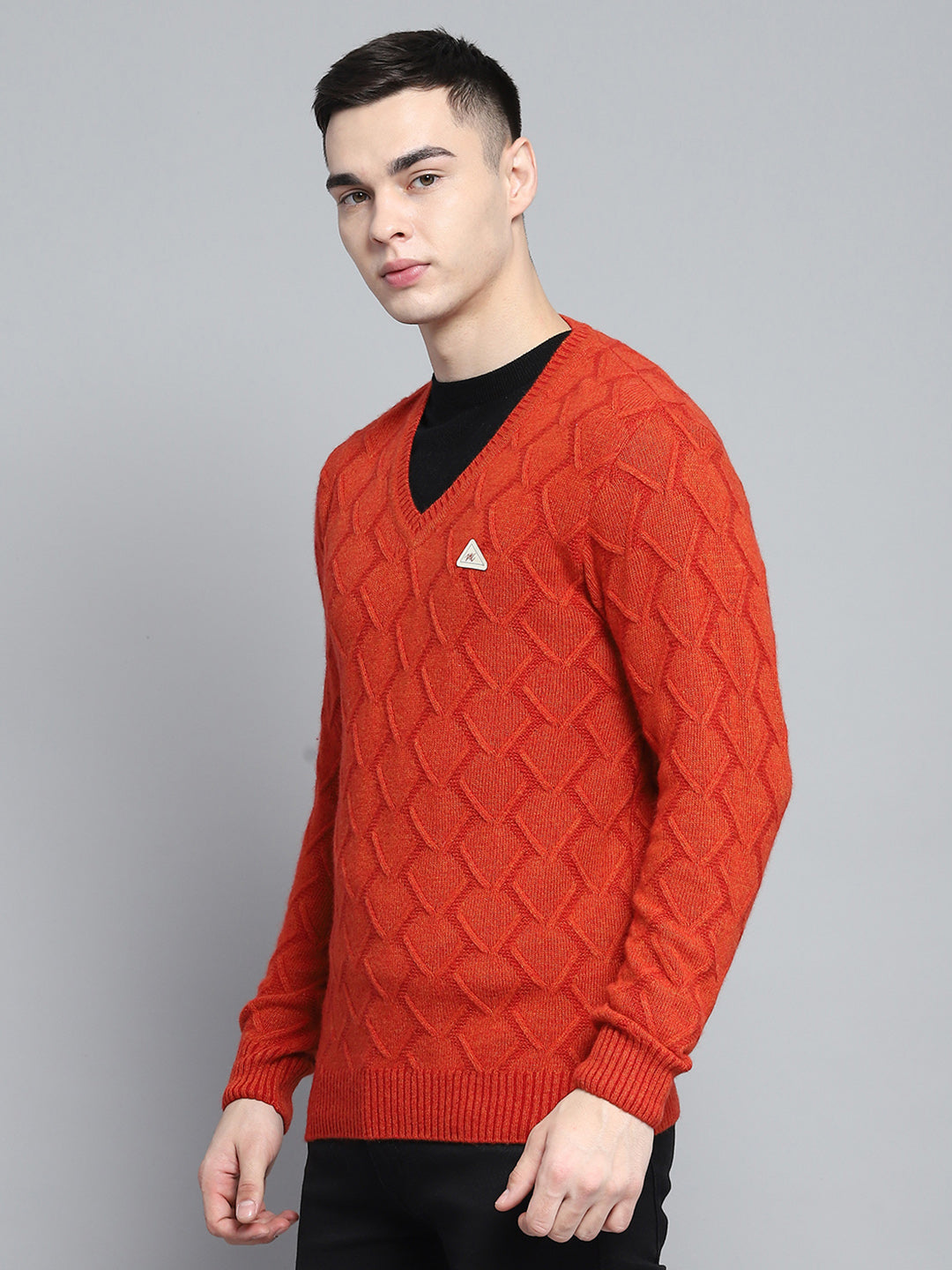 Men Rust Self Design V Neck Full Sleeve Pullover