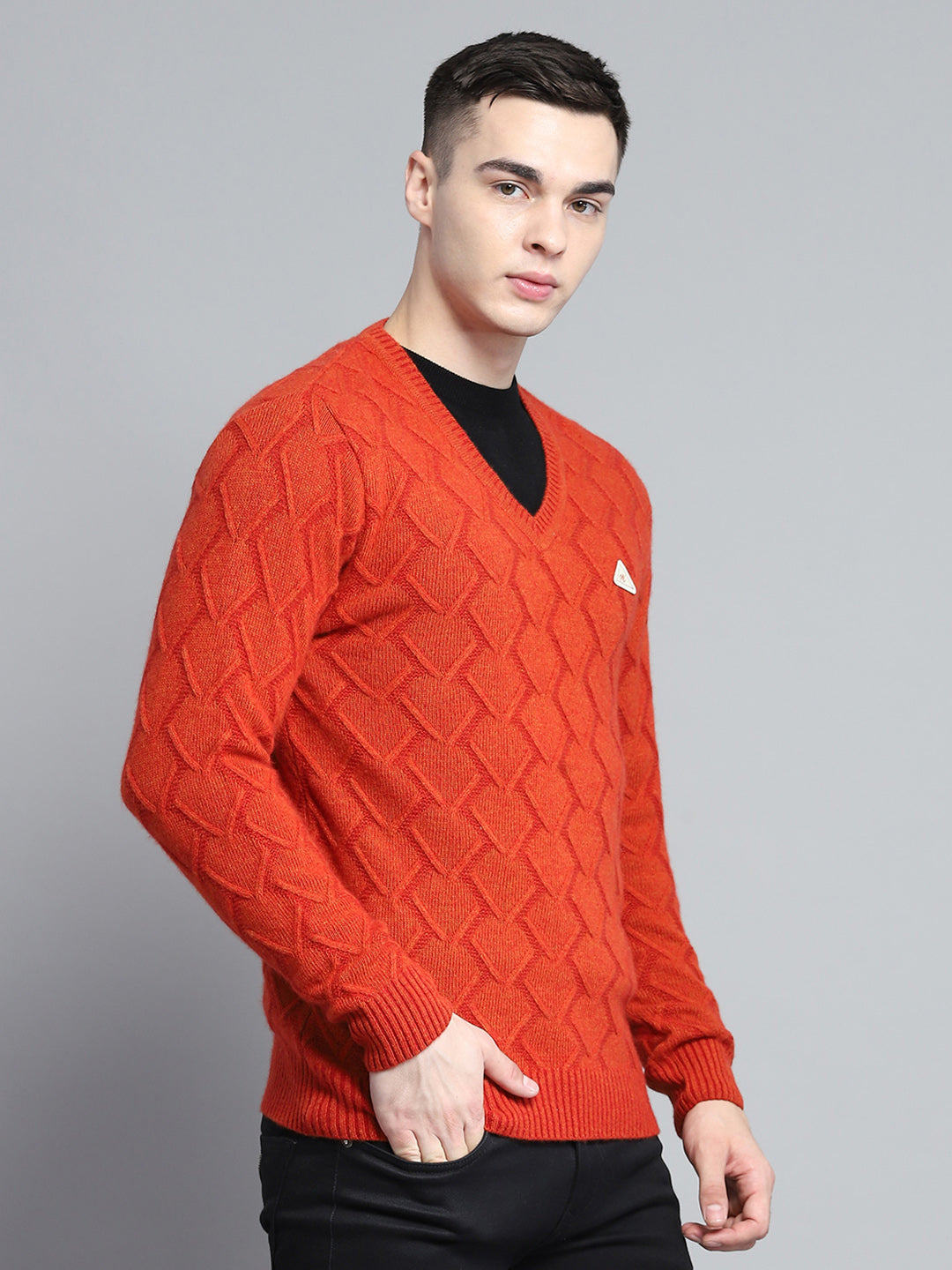 Men Rust Self Design V Neck Full Sleeve Pullover