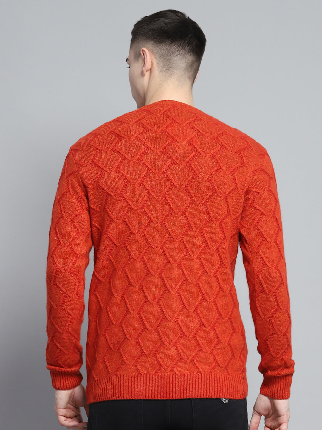 Men Rust Self Design V Neck Full Sleeve Pullover