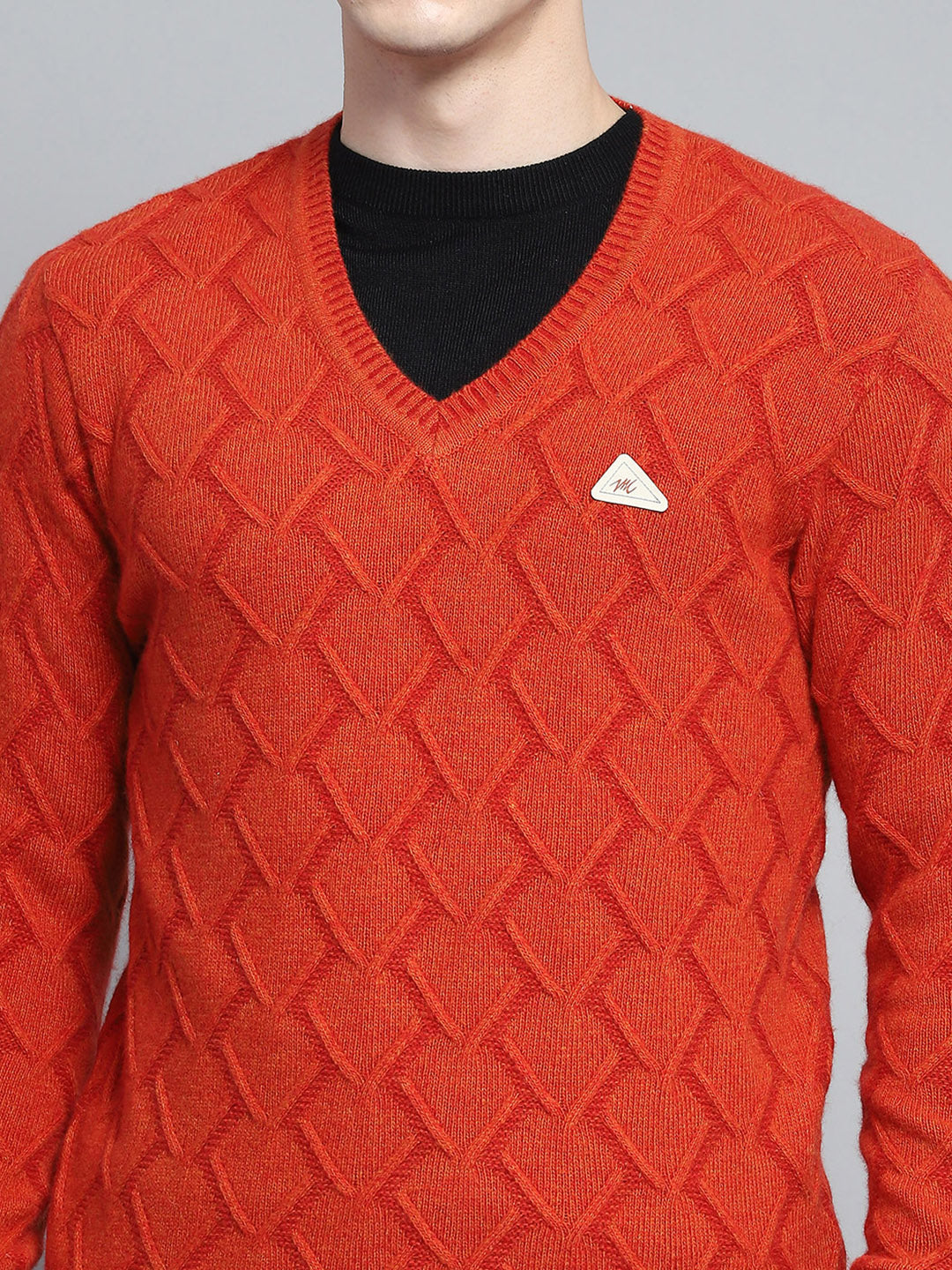 Men Rust Self Design V Neck Full Sleeve Pullover