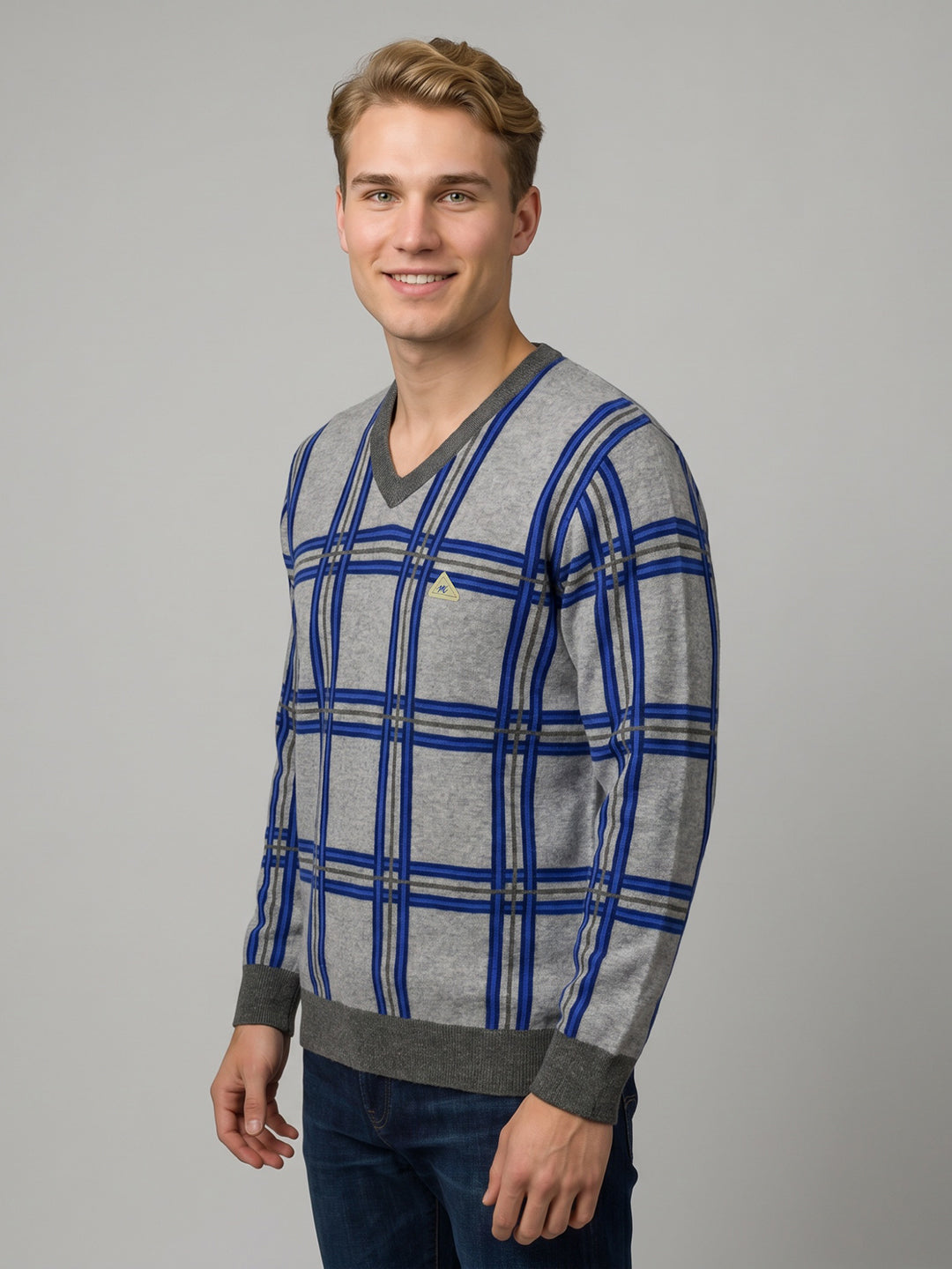 Men Grey Check V Neck Full Sleeve Pullover