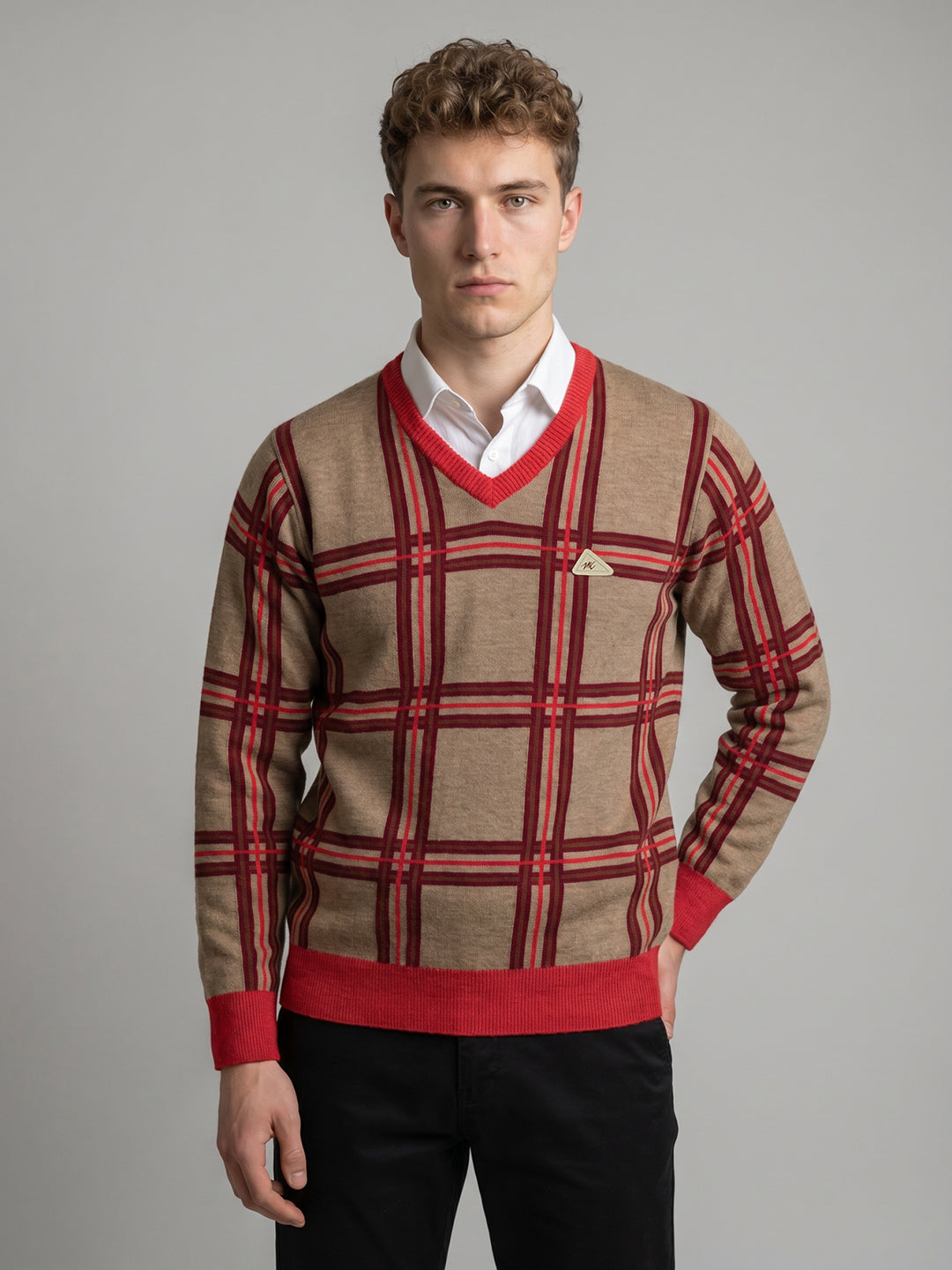 Men Brown Check V Neck Full Sleeve Pullover