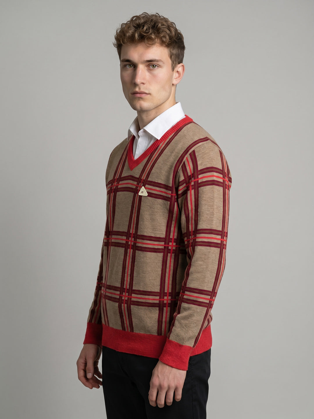 Men Brown Check V Neck Full Sleeve Pullover