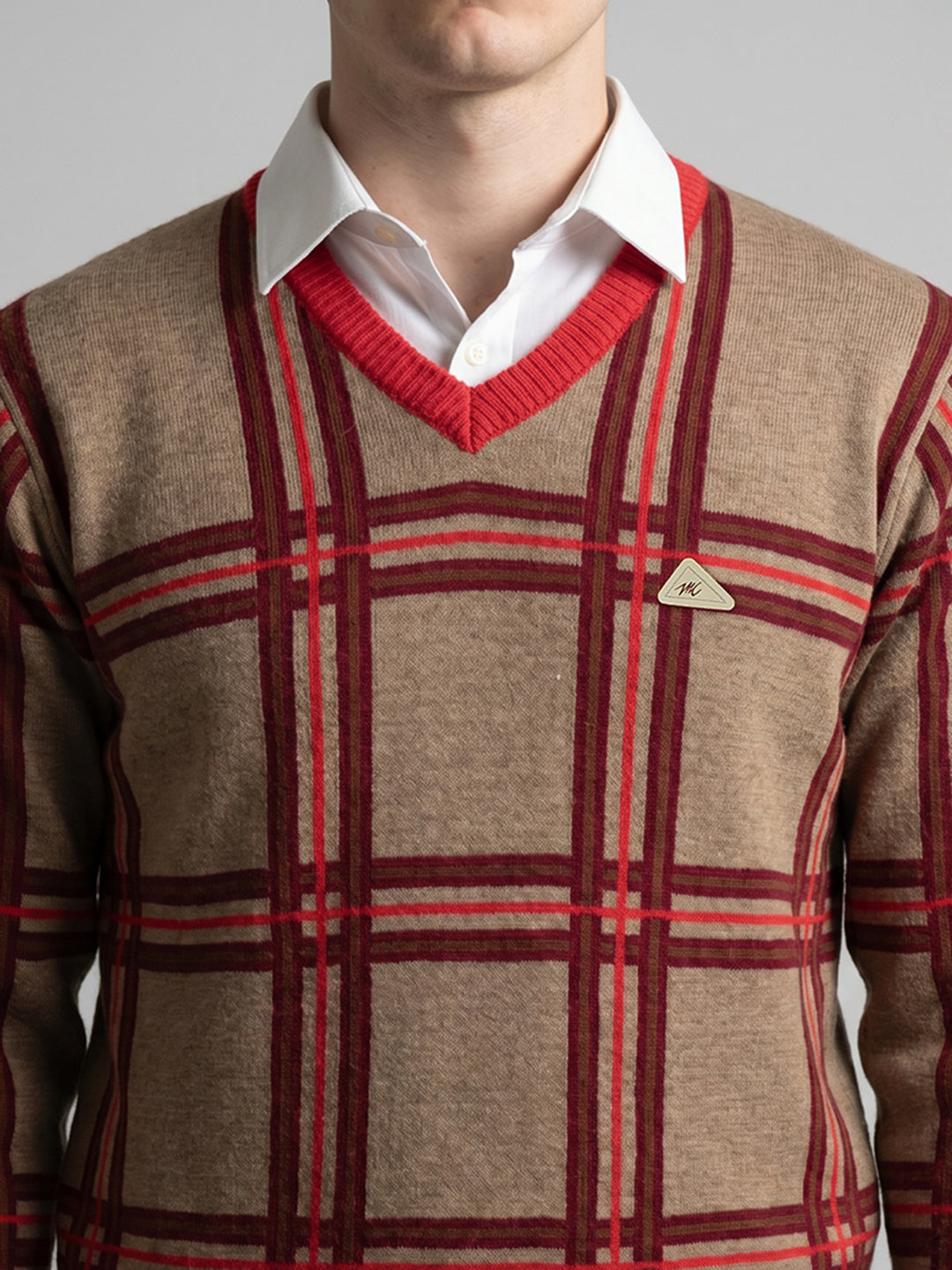 Men Brown Check V Neck Full Sleeve Pullover