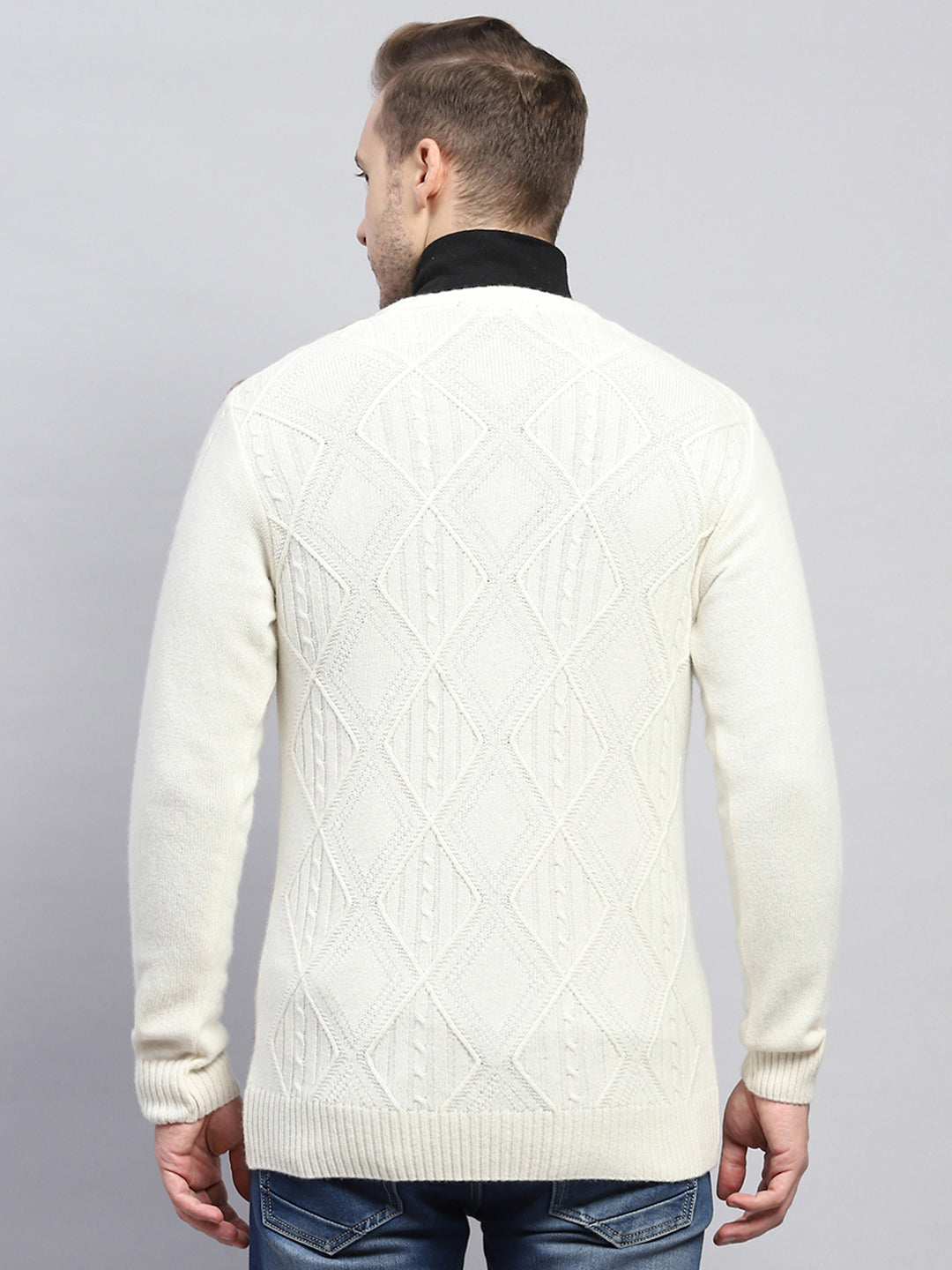 Men Off White Self Design V Neck Full Sleeve Pullover