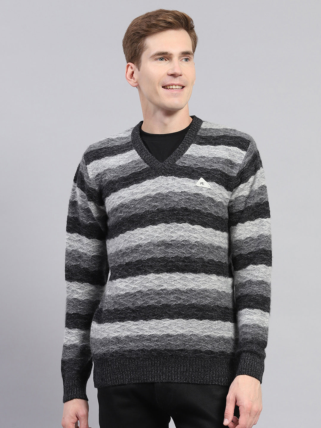Men Black Stripe V Neck Full Sleeve Pullover