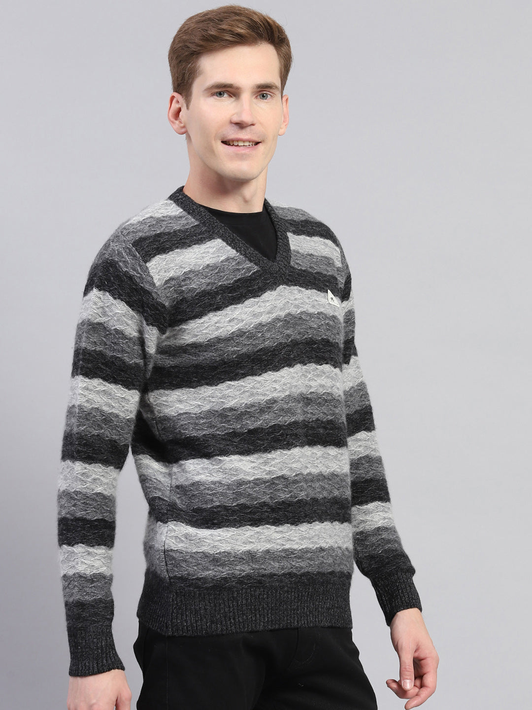 Men Black Stripe V Neck Full Sleeve Pullover