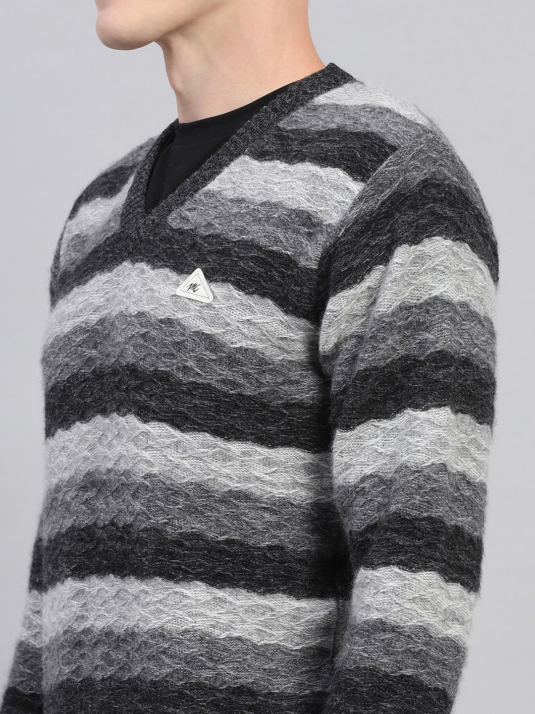 Men Black Stripe V Neck Full Sleeve Pullover