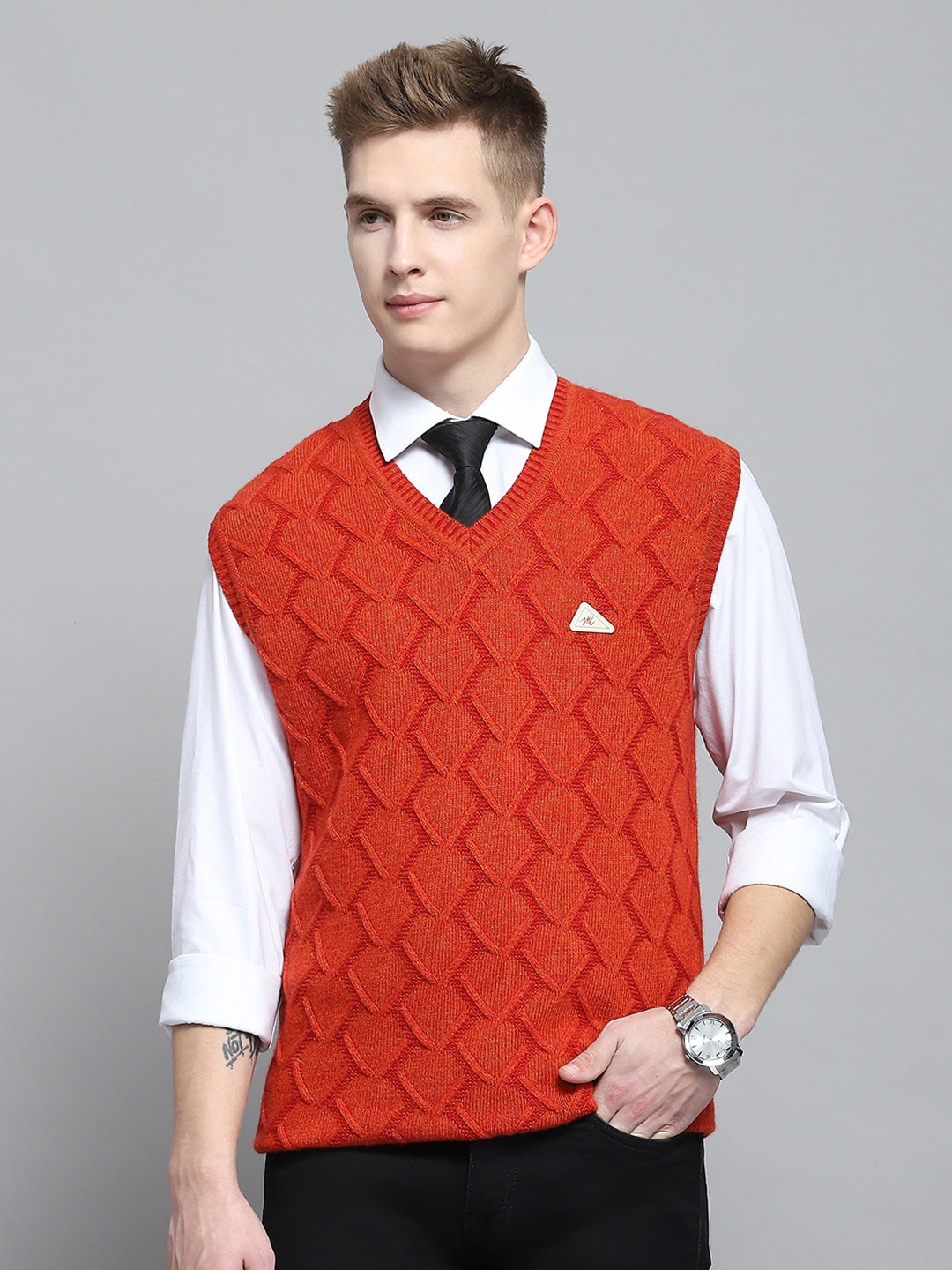 Men Rust Self Design V Neck Sleeveless Sweater