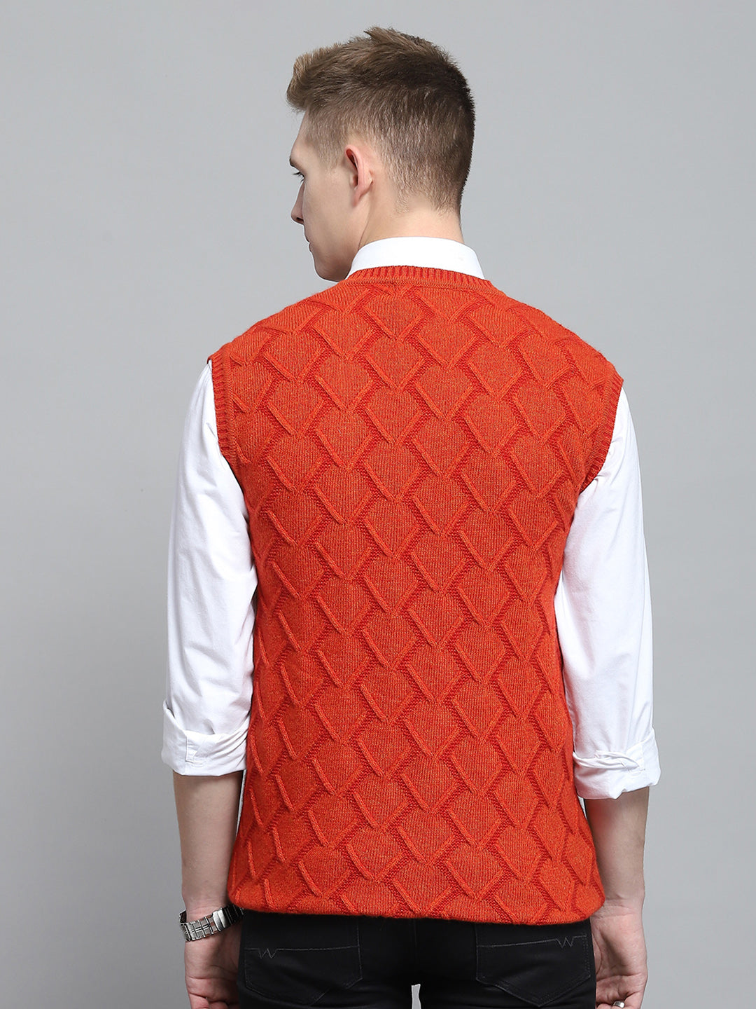 Men Rust Self Design V Neck Sleeveless Sweater