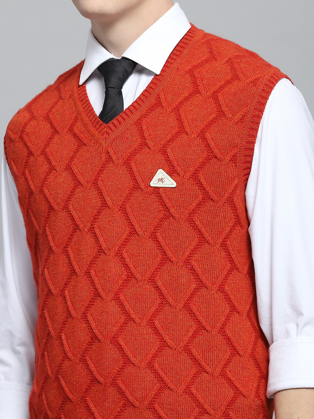 Men Rust Self Design V Neck Sleeveless Sweater