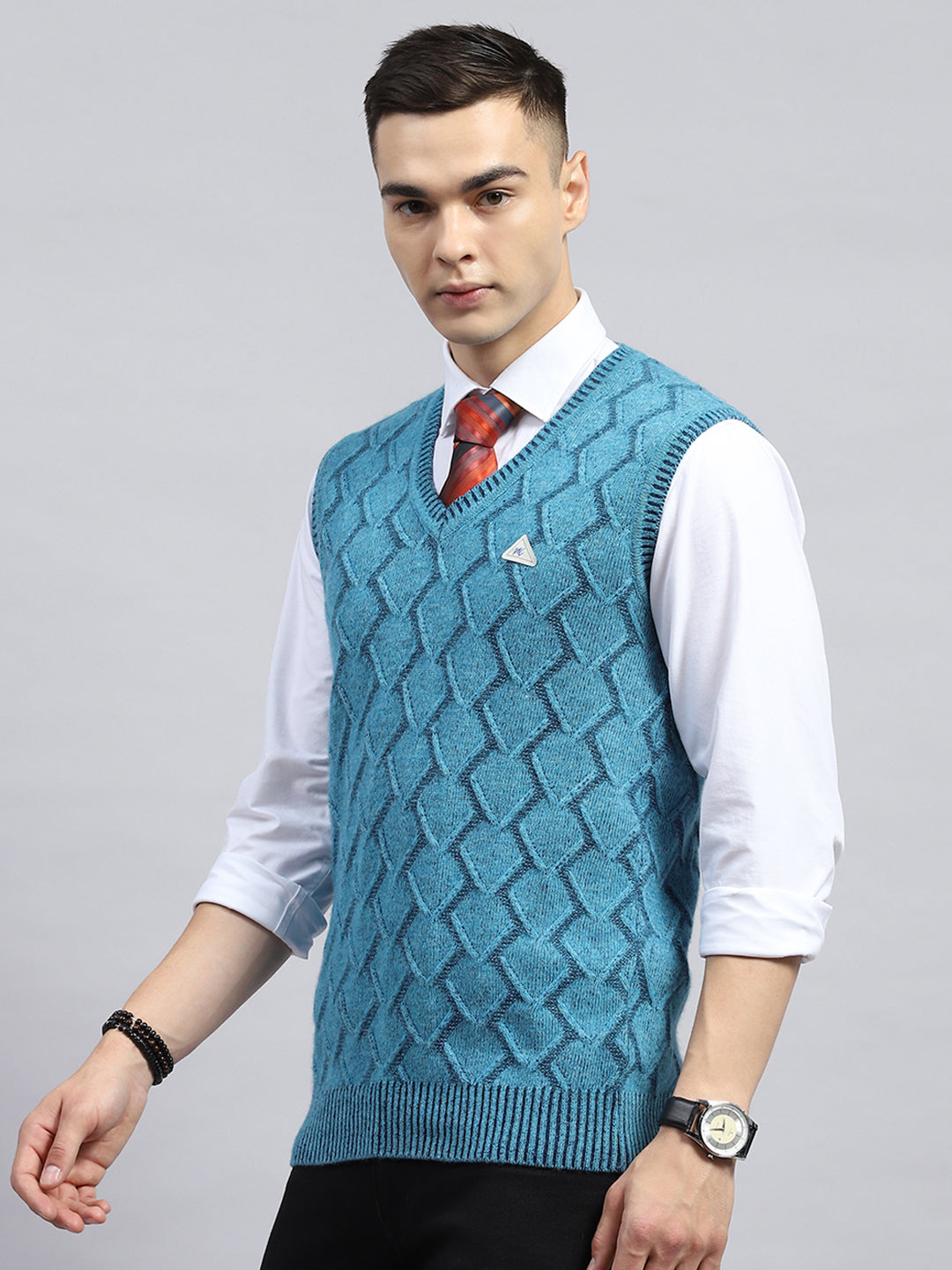 Men Blue Self Design V Neck Sleeveless Sweater