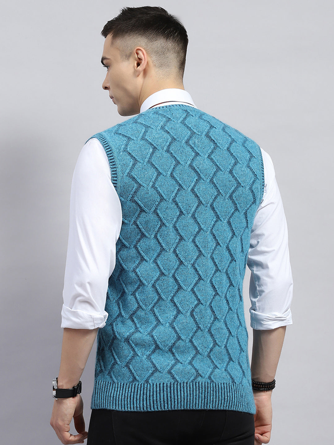 Men Blue Self Design V Neck Sleeveless Sweater