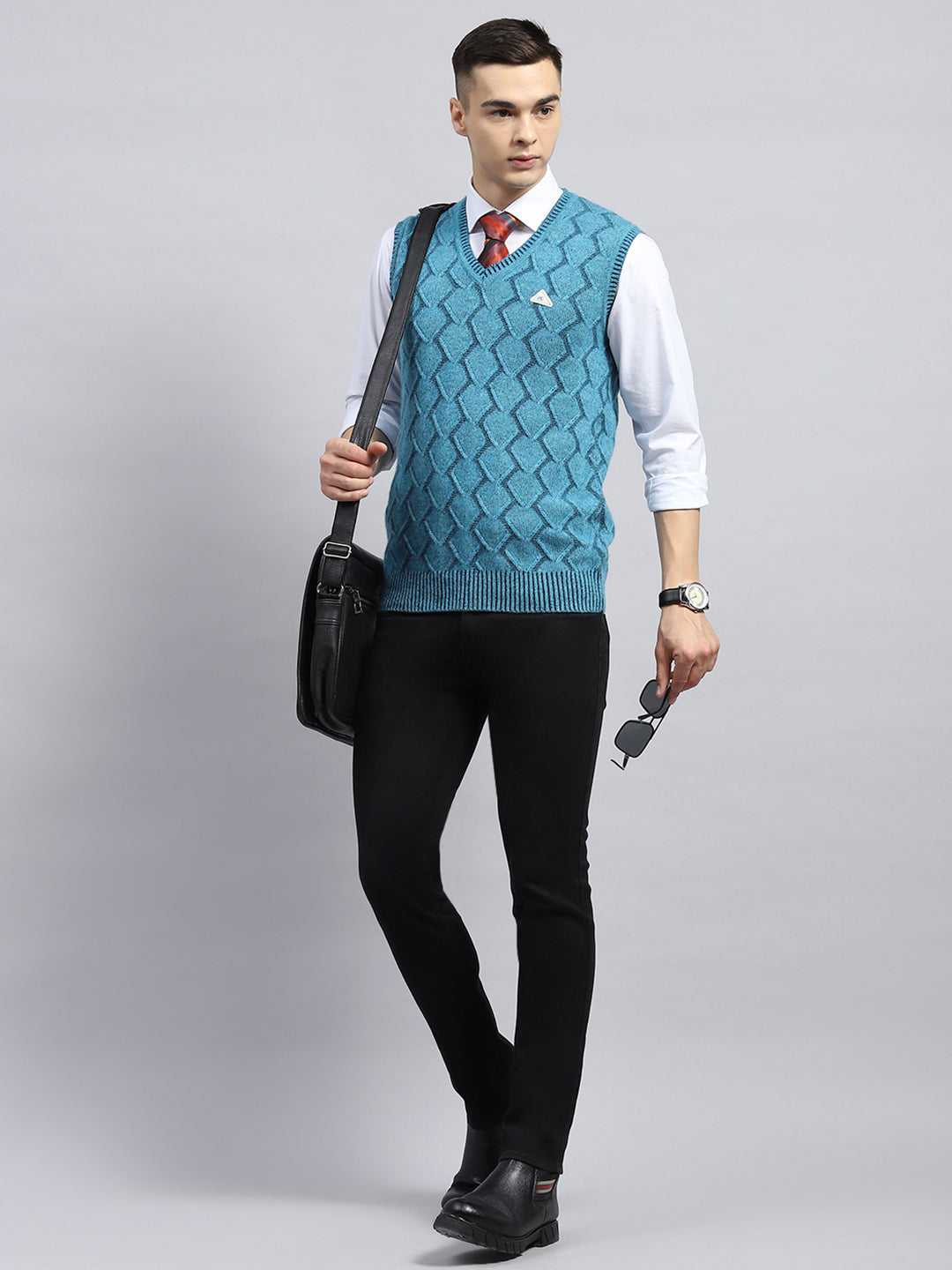 Men Blue Self Design V Neck Sleeveless Sweater