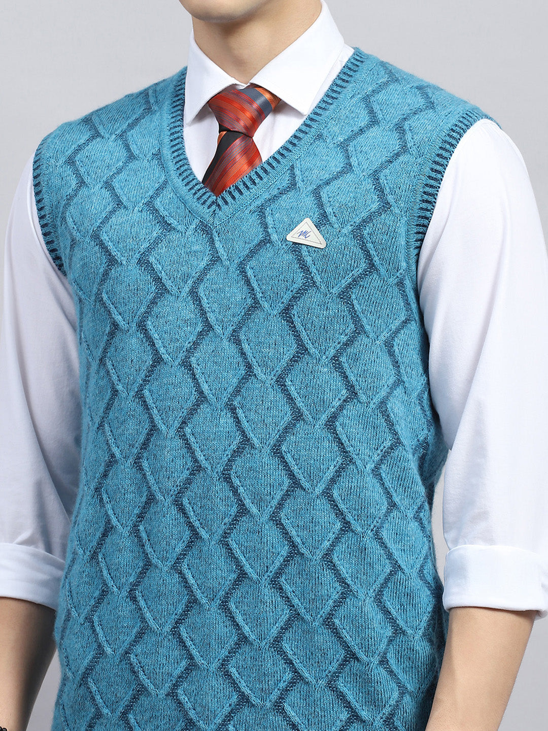 Men Blue Self Design V Neck Sleeveless Sweater
