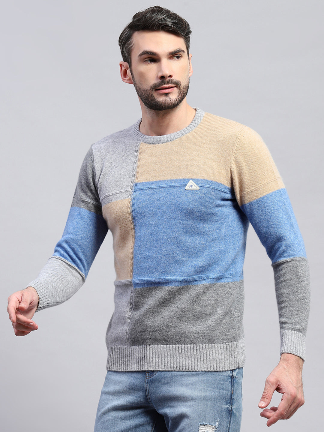Men Grey Colourblocked Round Neck Full Sleeve Pullover