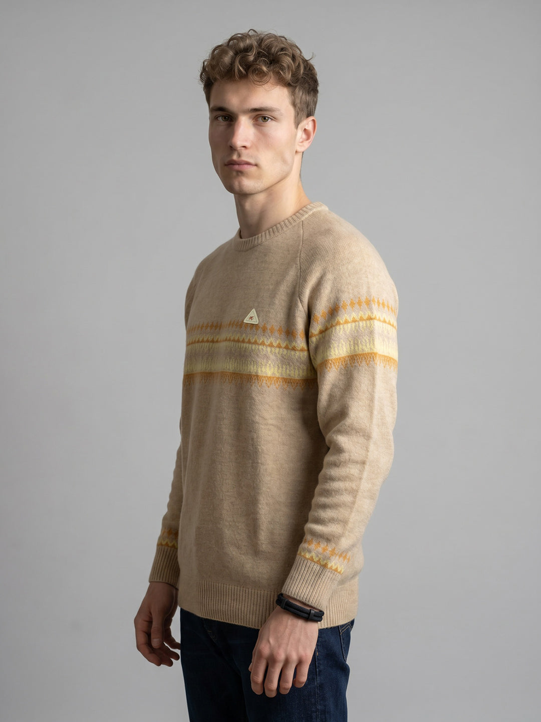Men Camel Brown Jacquard Round Neck Full Sleeve Pullover