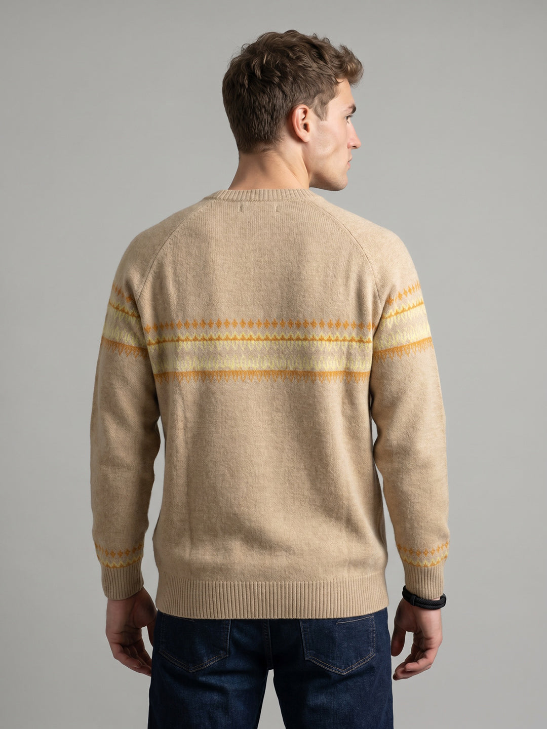 Men Camel Brown Jacquard Round Neck Full Sleeve Pullover