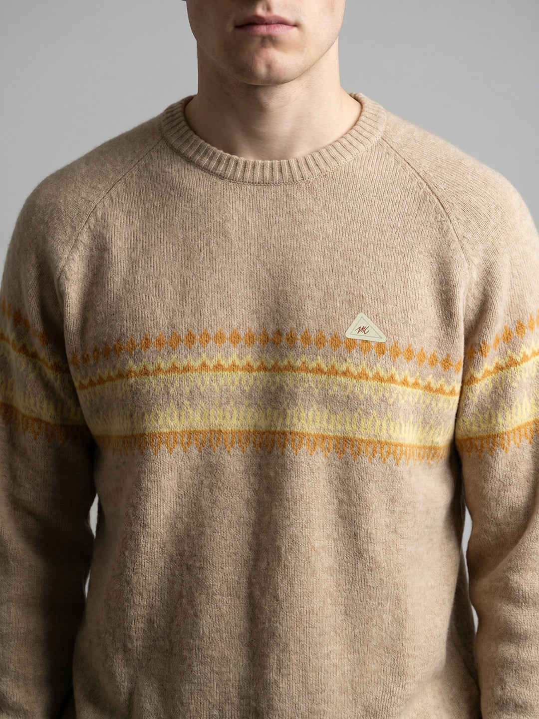 Men Camel Brown Jacquard Round Neck Full Sleeve Pullover