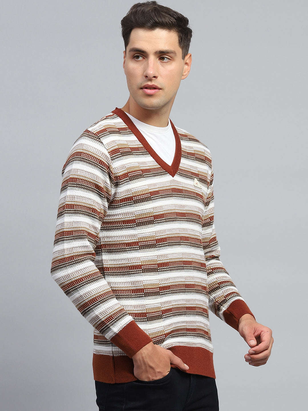 Men Brown Stripe V Neck Full Sleeve Pullover