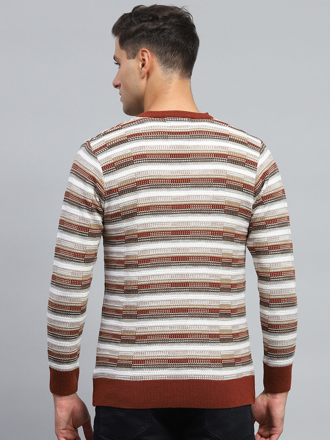 Men Brown Stripe V Neck Full Sleeve Pullover