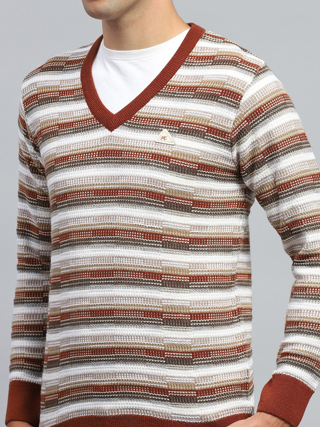 Men Brown Stripe V Neck Full Sleeve Pullover