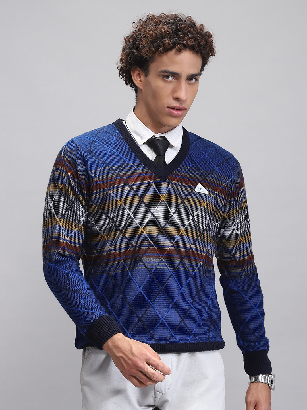 Men Blue Printed V Neck Full Sleeve Pullover