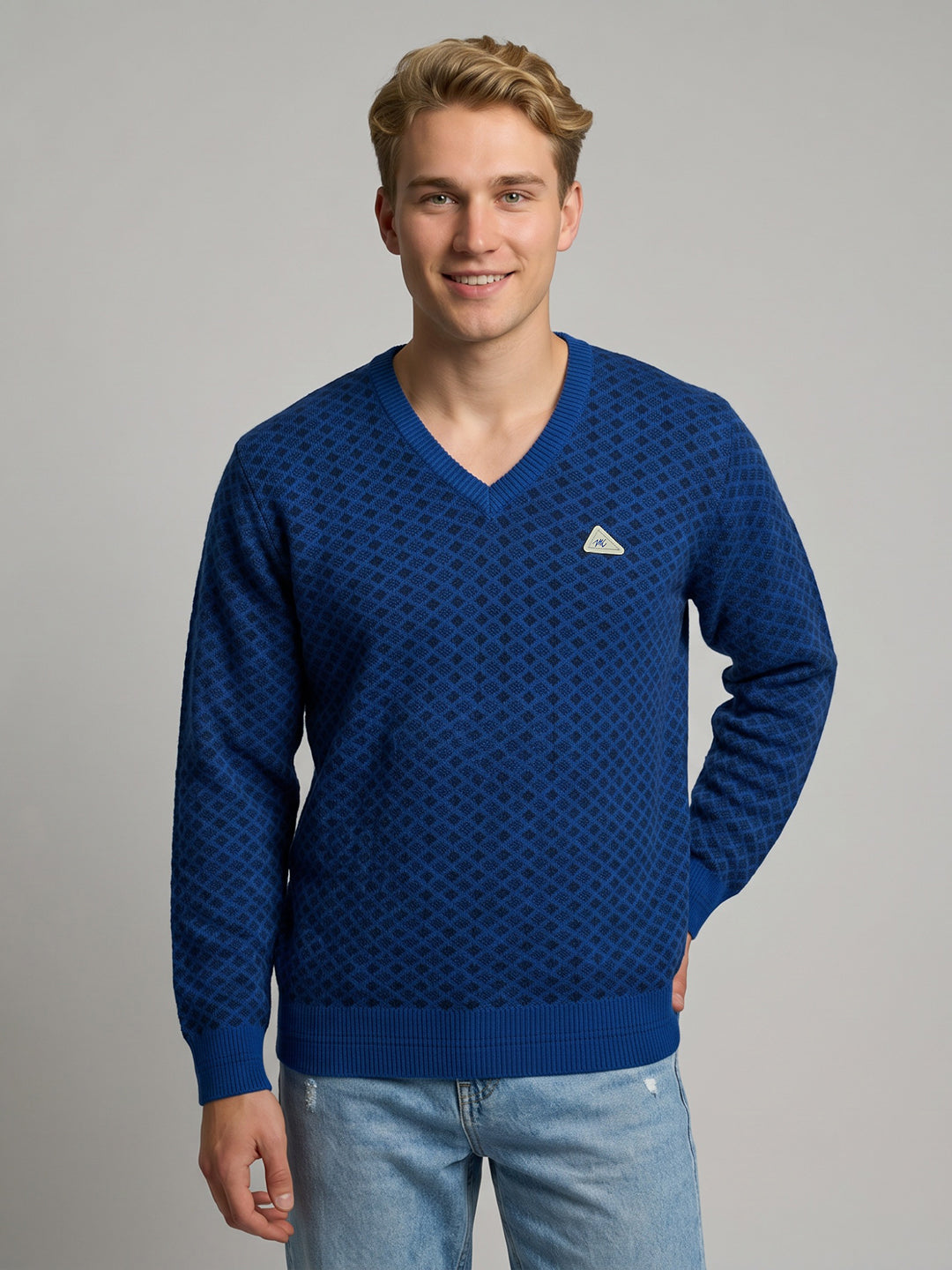 Men Blue Jacquard V Neck Full Sleeve Pullover