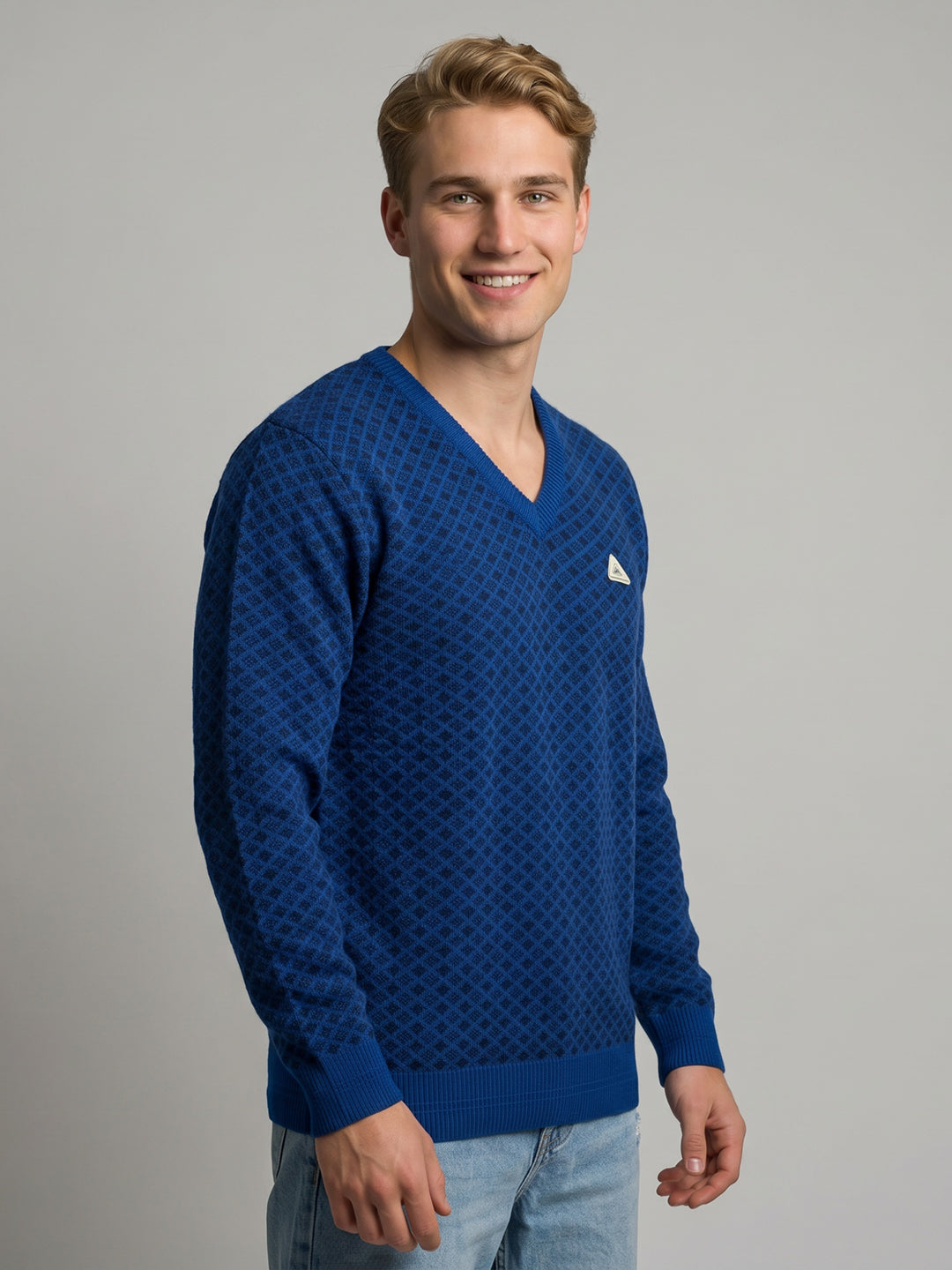 Men Blue Jacquard V Neck Full Sleeve Pullover
