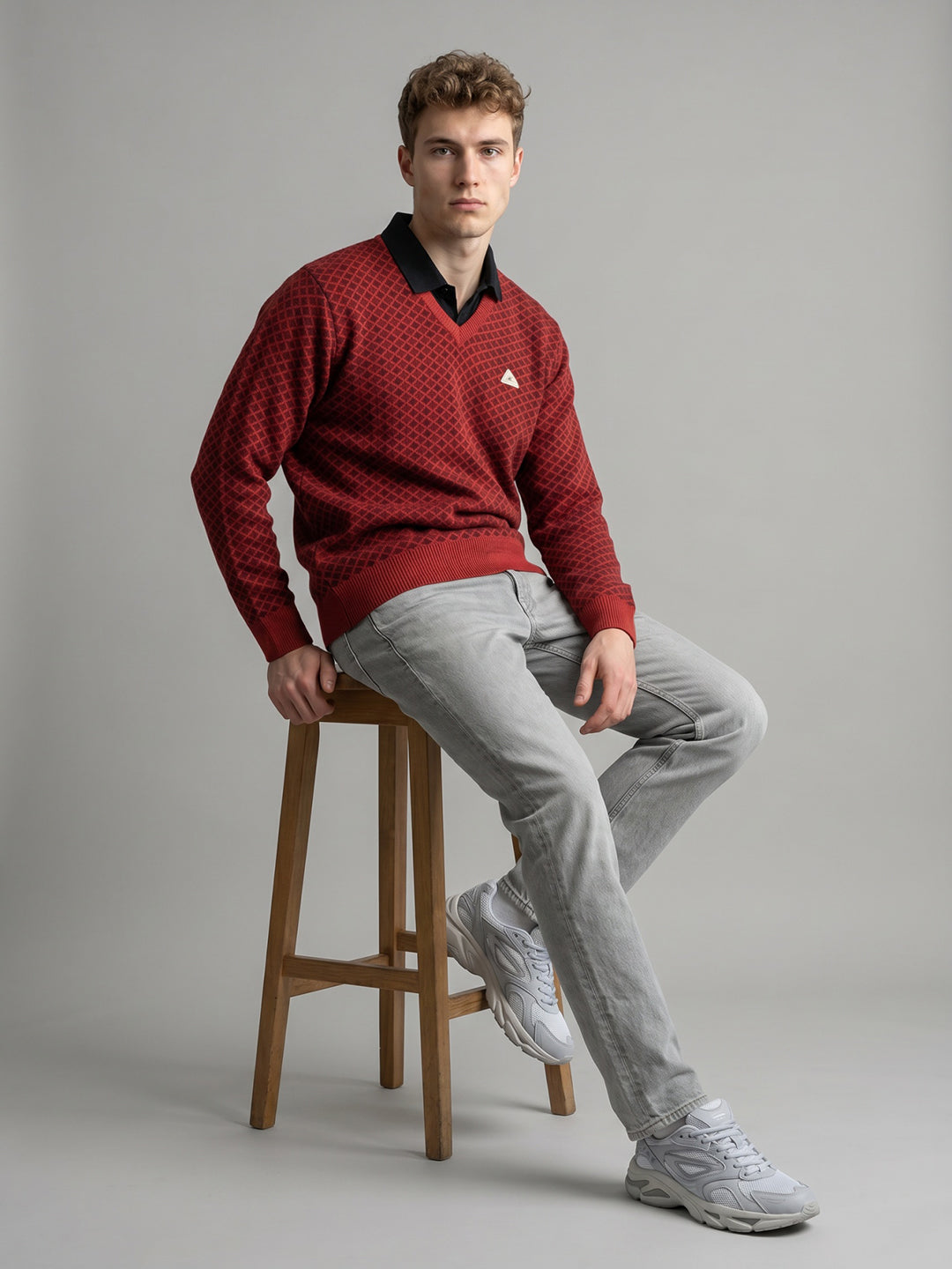 Men Red Jacquard V Neck Full Sleeve Pullover