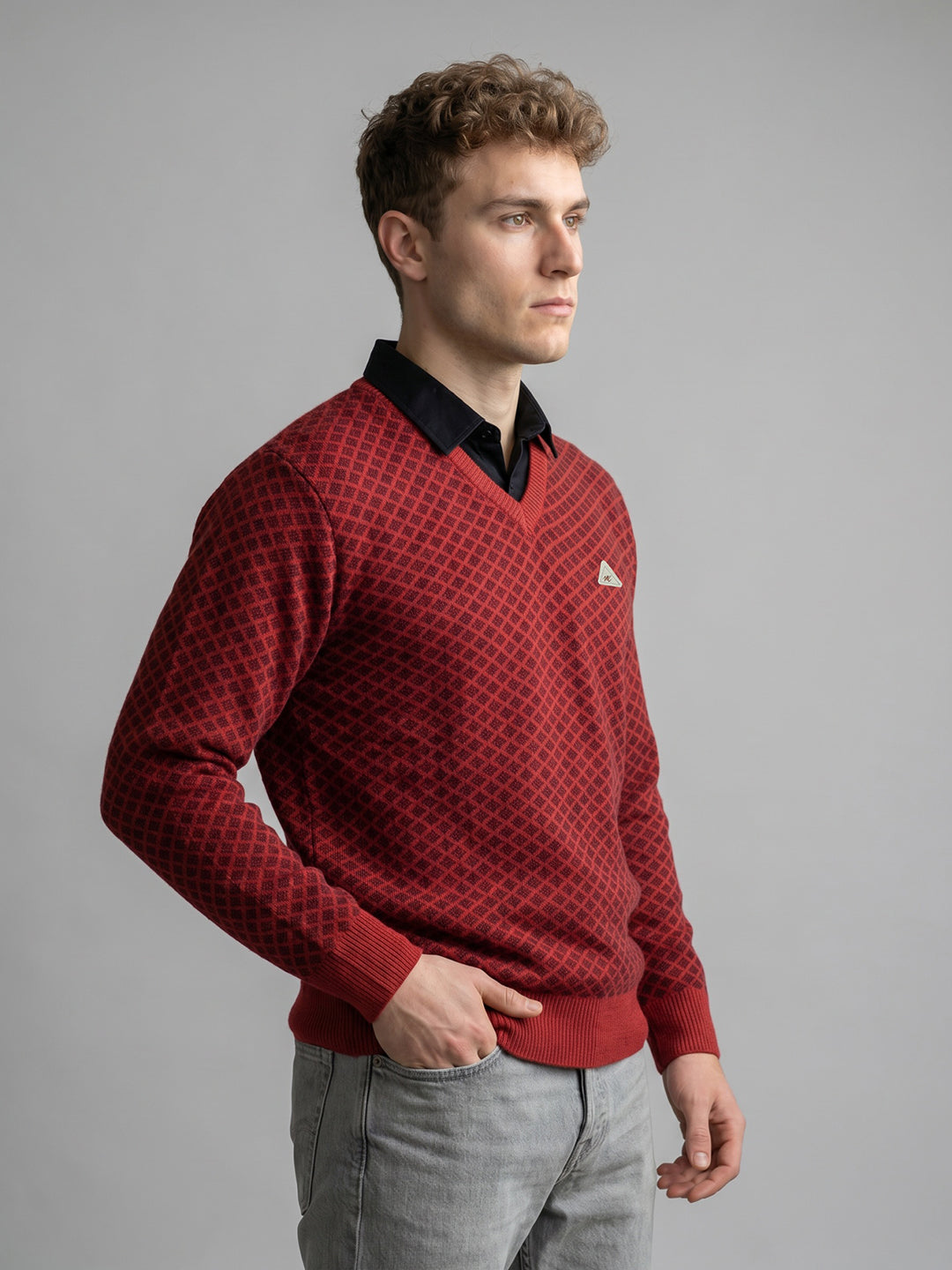 Men Red Jacquard V Neck Full Sleeve Pullover