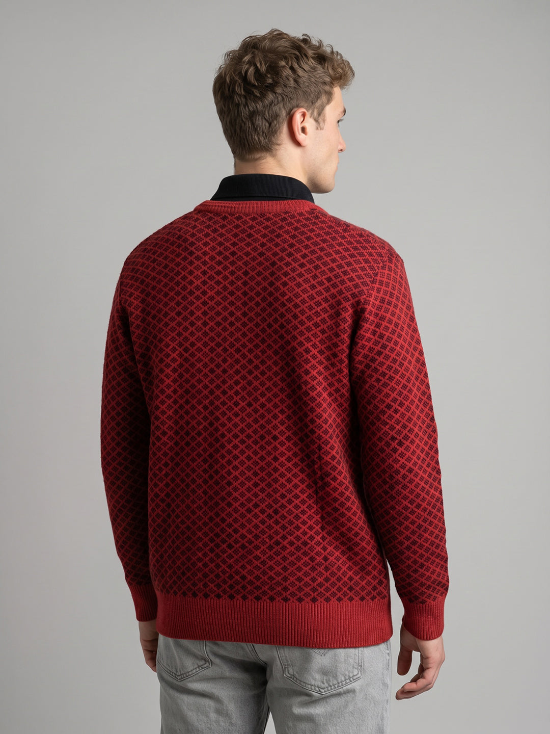 Men Red Jacquard V Neck Full Sleeve Pullover