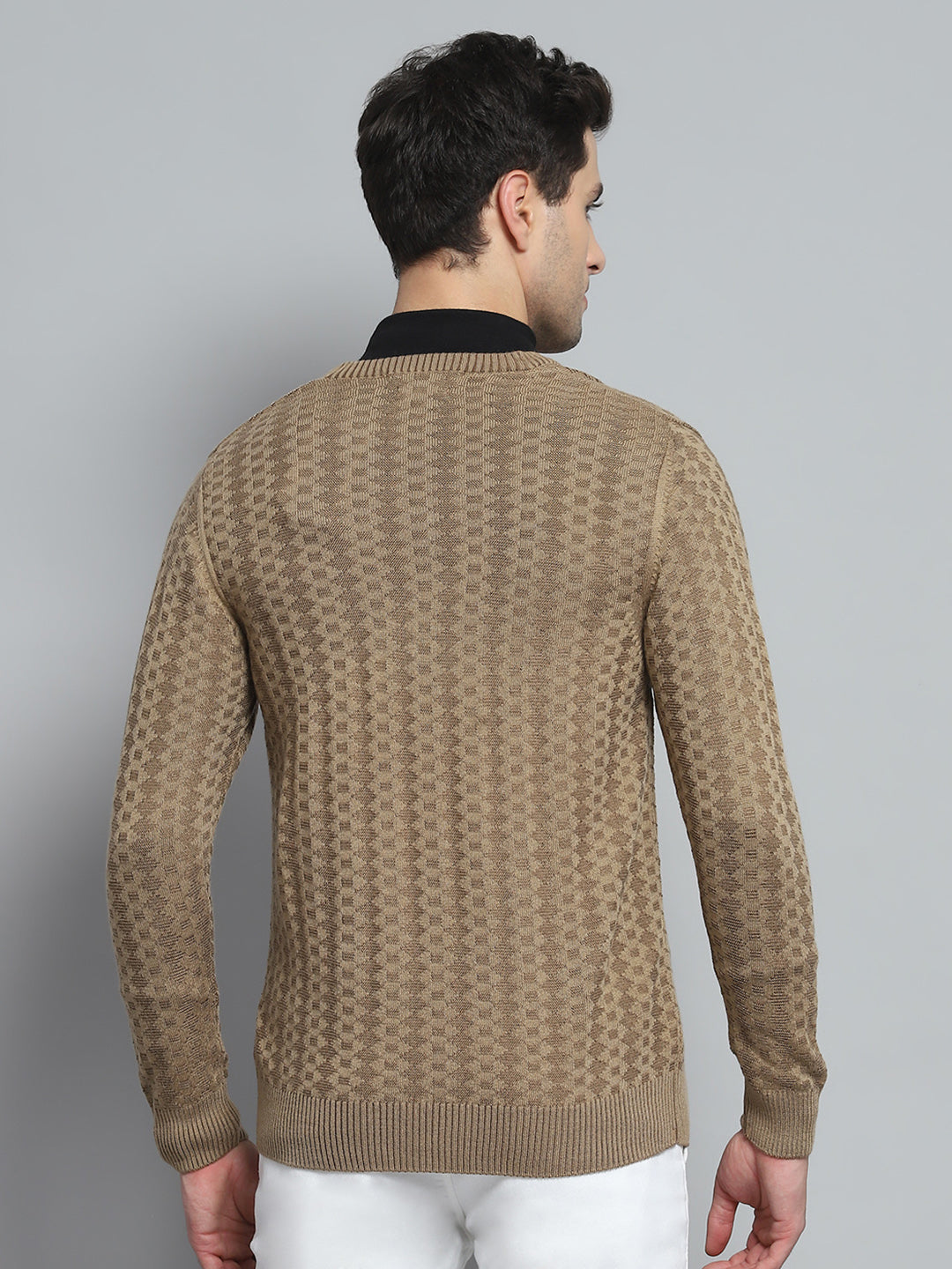 Men Brown Self Design V Neck Full Sleeve Pullover