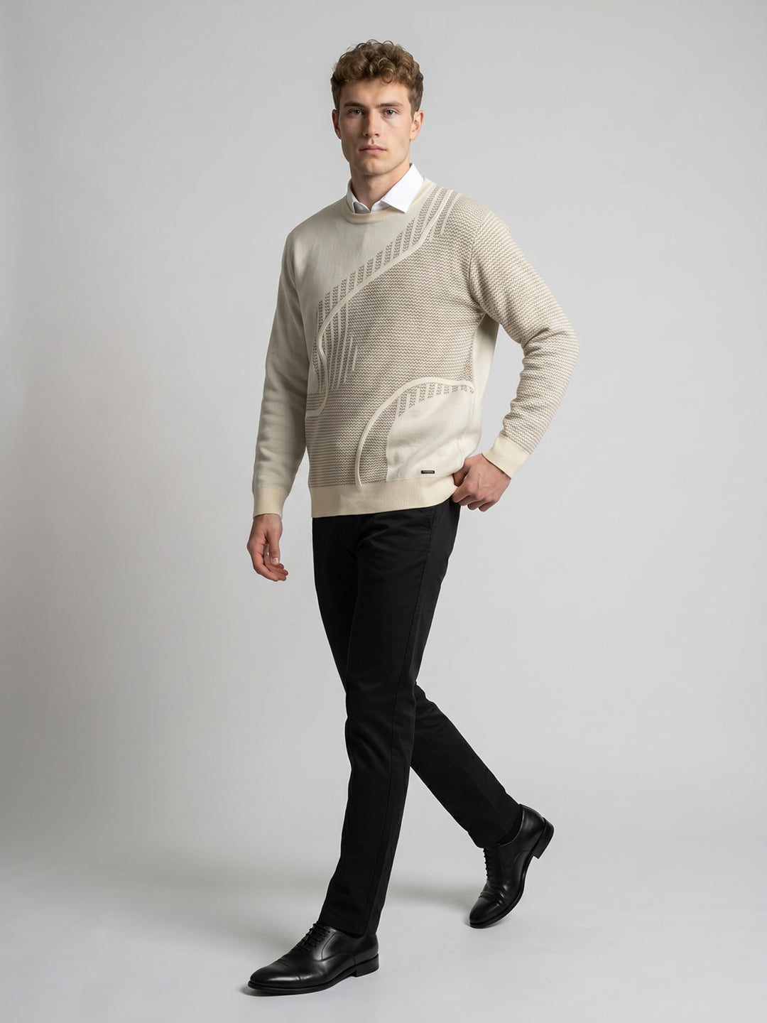 Men Beige Jacquard Round Neck Full Sleeve Pullover