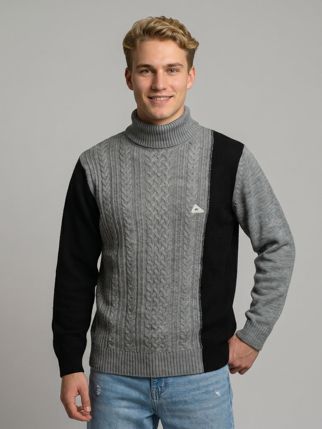 Men Grey Self Design High Neck Full Sleeve Pullover