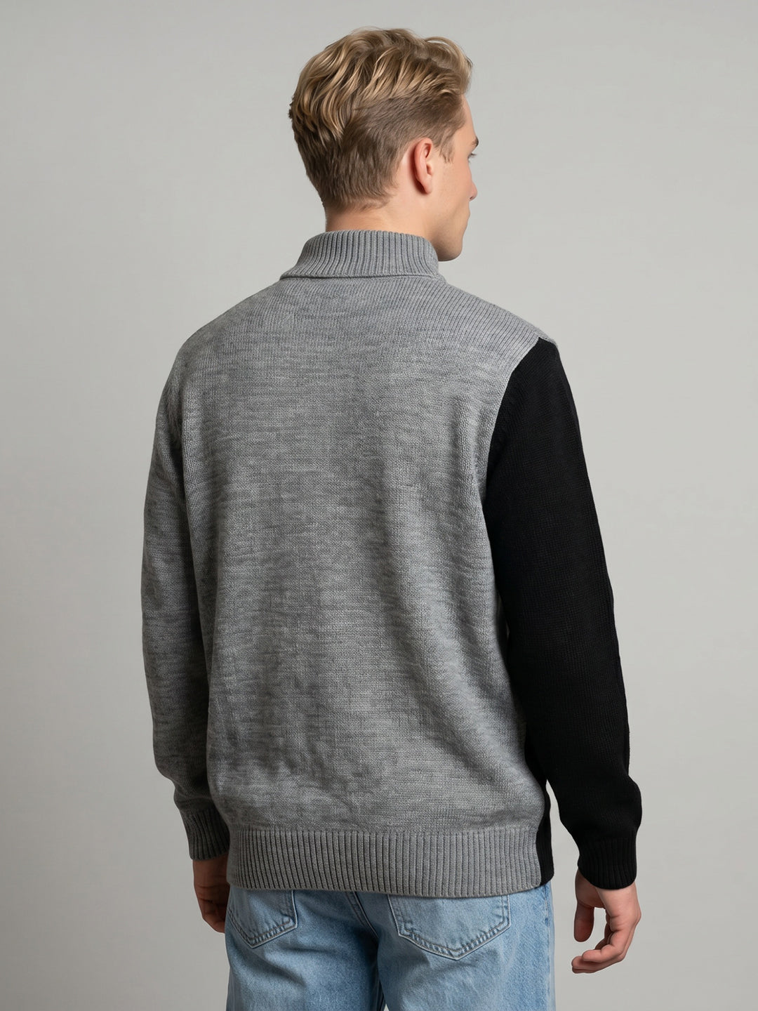 Men Grey Self Design High Neck Full Sleeve Pullover