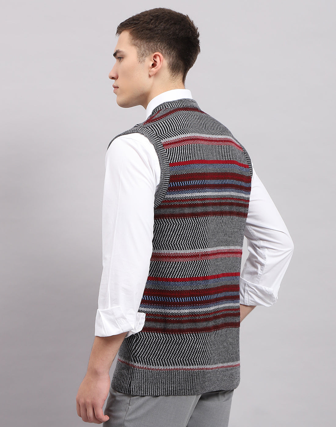Men Grey Stripe V Neck Sleeveless Sweater