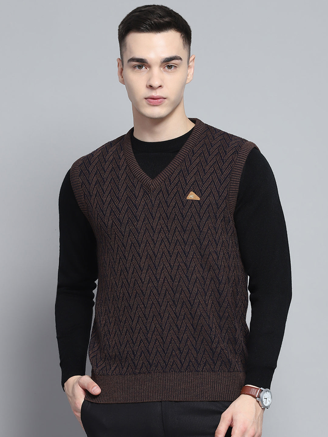 Men Brown Self Design V Neck Sleeveless Sweater
