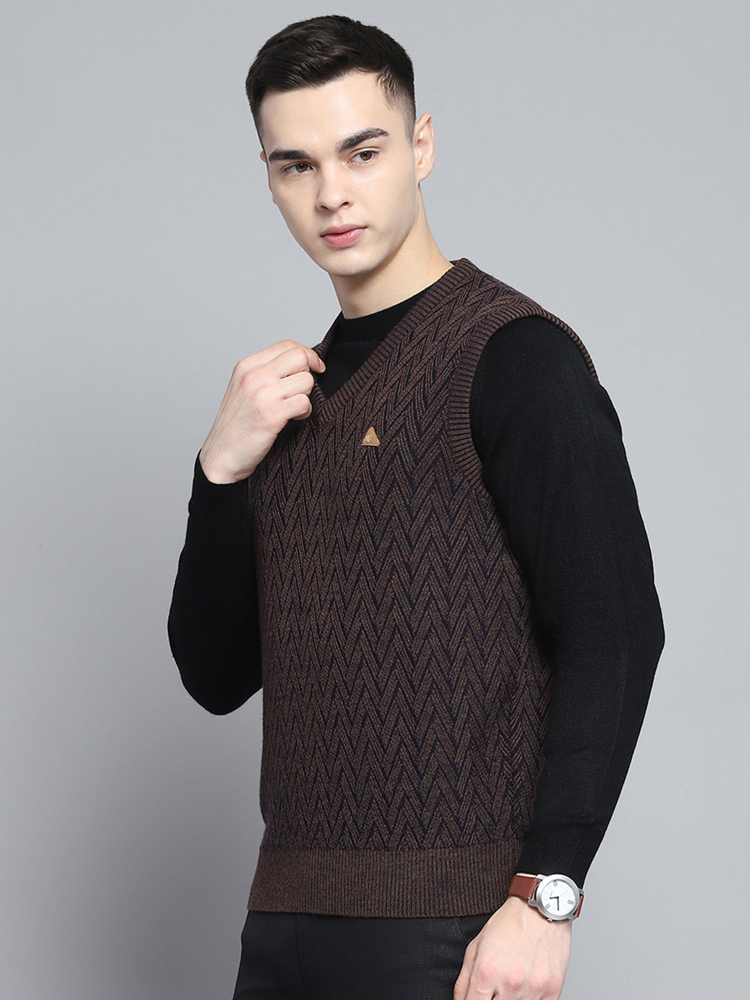 Men Brown Self Design V Neck Sleeveless Sweater