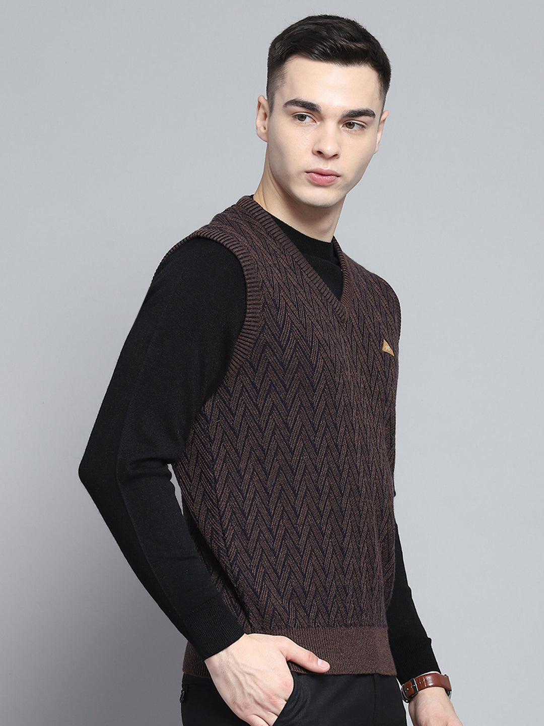 Men Brown Self Design V Neck Sleeveless Sweater