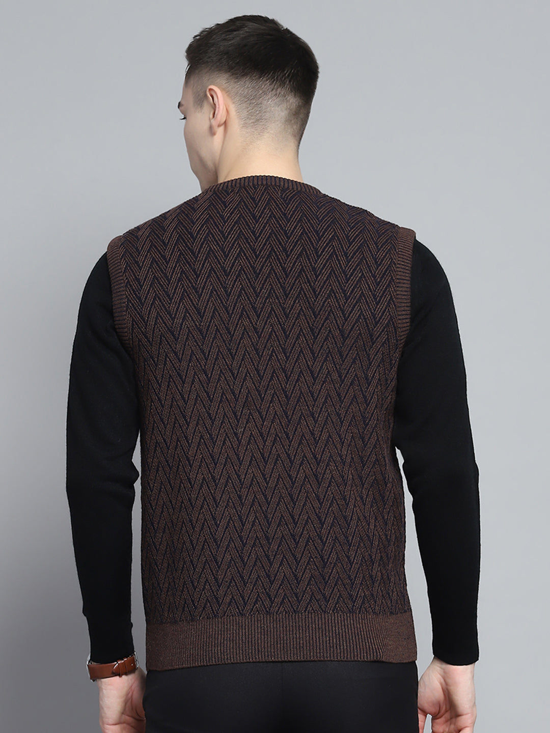 Men Brown Self Design V Neck Sleeveless Sweater